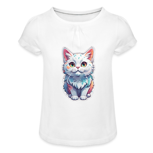 Katze Mädchen-T-Shirt mit Raffungen - weiß