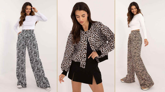 Drei stilvolle Outfit-Ideen mit Animal-Print: Weit geschnittene Hosen im Leoparden- und Zebra-Look, kombiniert mit weißen Basics und einer lässigen Leo-Bluse – perfekt für einen modernen Alltagslook.