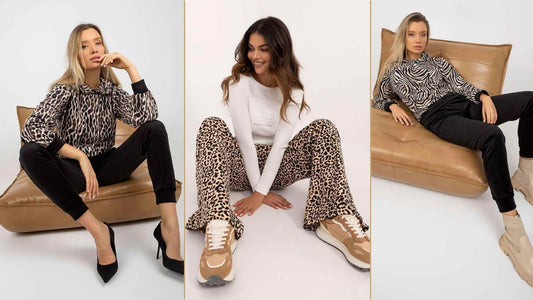 Drei stylische Animal-Print-Outfits: Leomuster-Hoodie mit schwarzer Hose und High Heels, weißes Oberteil mit Leohose und Sneakers, Zebramuster-Hoodie mit schwarzer Hose und Boots – perfekte Looks für trendige Freizeit-Styles