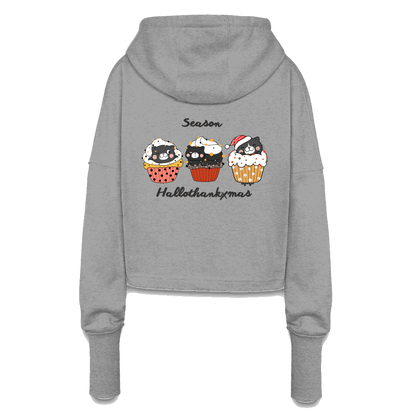 Grauer Cropped Hoodie mit lustigem „ThanksXmas“-Motiv auf der Rückseite, ideal für Herbst und Winter.