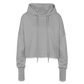 Vorderansicht des grauen Cropped Hoodies ohne Aufdruck. Schlichtes Design mit überschnittenen Schultern.