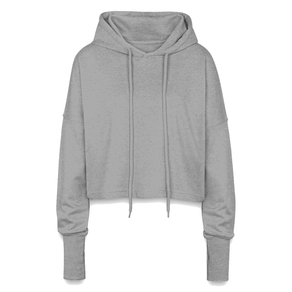 Vorderansicht des grauen Cropped Hoodies ohne Aufdruck. Schlichtes Design mit überschnittenen Schultern.