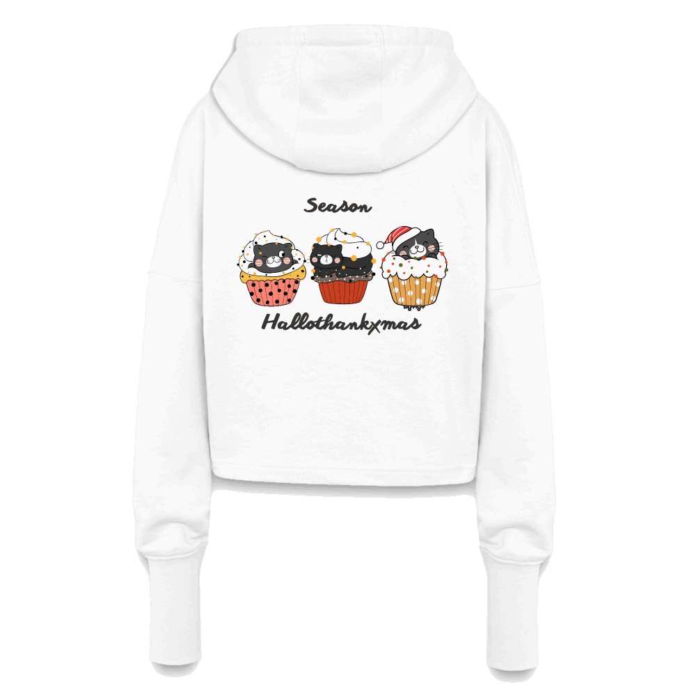 Weißer Cropped Hoodie mit „ThanksXmas“-Design, Katzen und Cupcakes, perfekt für Halloween und die Festtage.