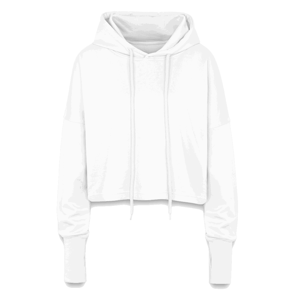 Vorderansicht des weißen Cropped Hoodies ohne Aufdruck. Lockere Passform mit überschnittenen Schultern.