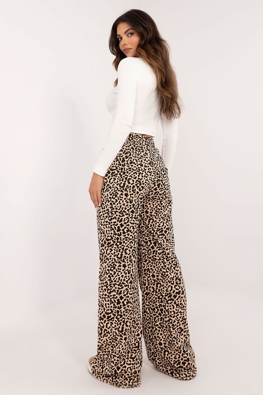 Beiges Damen-Set mit Rückansicht der lockeren Bluse und der Animal-Print-Hose – modisch und komfortabel für den Alltag