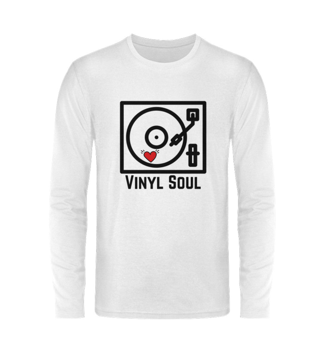 Vorderansicht des weißen Vinyl Soul Unisex Langarmshirts mit Rundhalsausschnitt, schlicht und vielseitig kombinierbar.