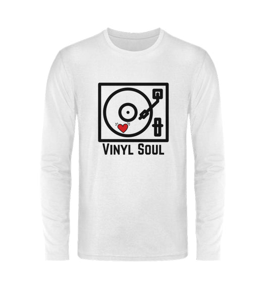 Vorderansicht des weißen Vinyl Soul Unisex Langarmshirts mit Rundhalsausschnitt, schlicht und vielseitig kombinierbar.