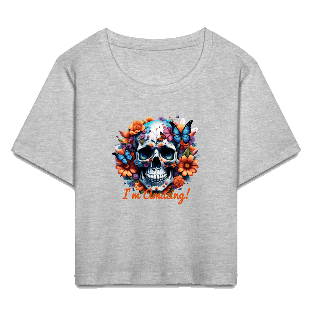 Cropped T-Shirt mit Totenkopf - Grau meliert