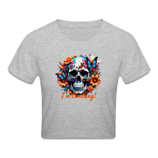 Cropped T-Shirt mit Totenkopf - Grau meliert